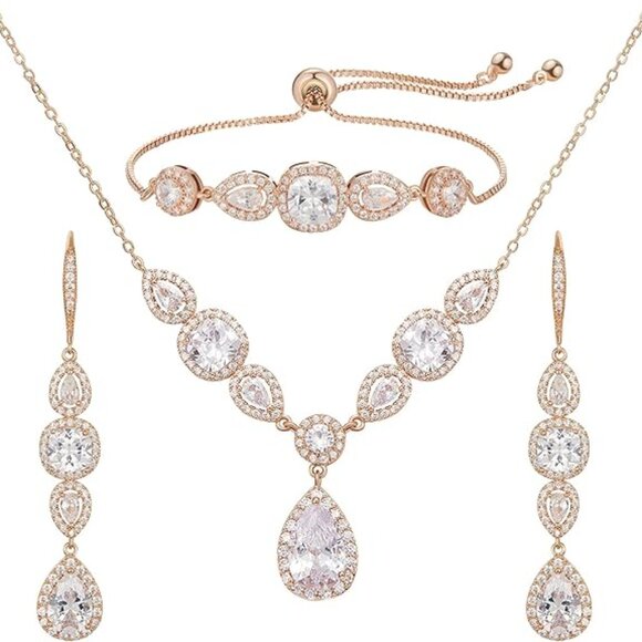 Crystal CZ Necklace Dangle Earring Bracelet Jewelry Sets for Women - Picture 1 of 5